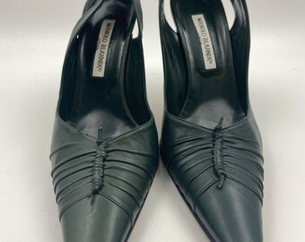 Elegant Green Nappa Leather Manolo Blahnik Slingback Shoes | Women's 90's Vintage | Made in Italy | Size EU 41