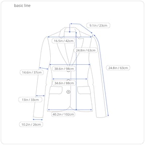 Op de afbeelding: Diagram van een blazer met afmetingen in inches en centimeters. Het diagram toont de lengte, breedte, mouwlengte en schouderbreedte van de blazer.