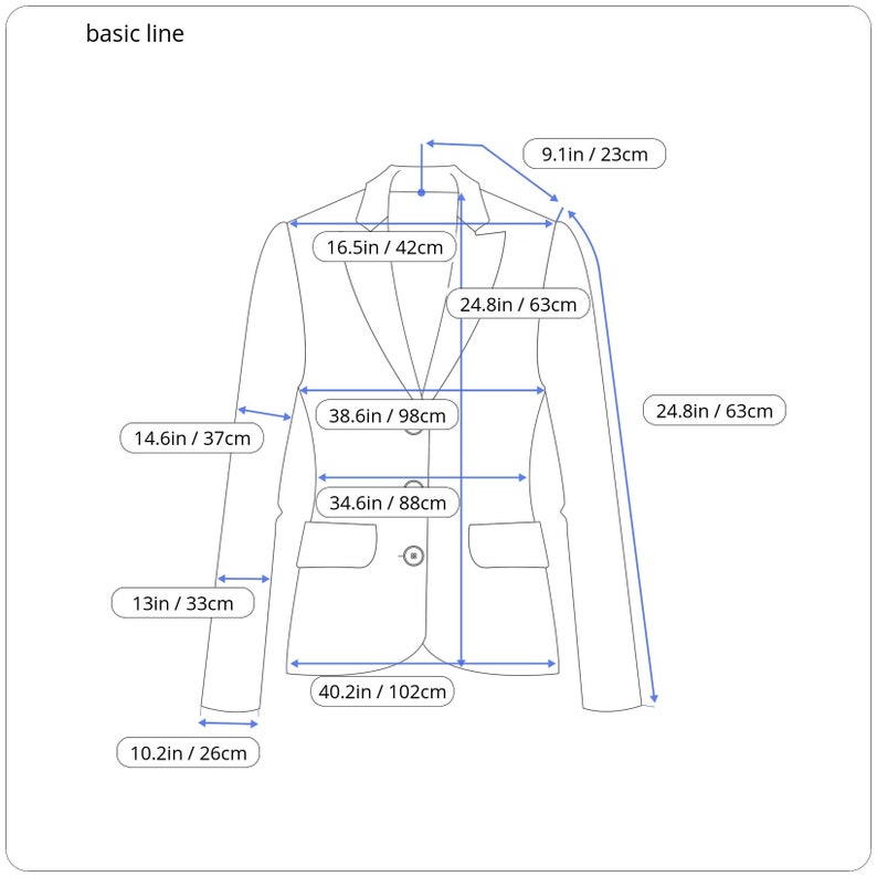 Op de afbeelding: Diagram van een blazer met afmetingen in inches en centimeters. Het diagram toont de lengte, breedte, mouwlengte en schouderbreedte van de blazer.