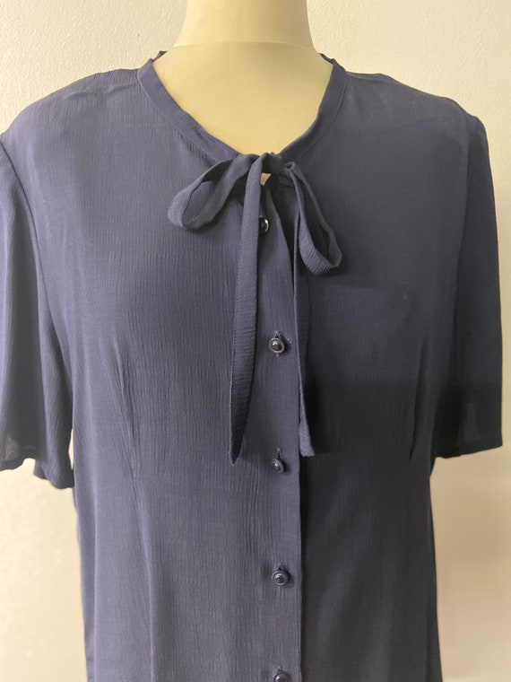 Vintage 60s Womens Blue Bow Tie Blouse | Office C… - image 2