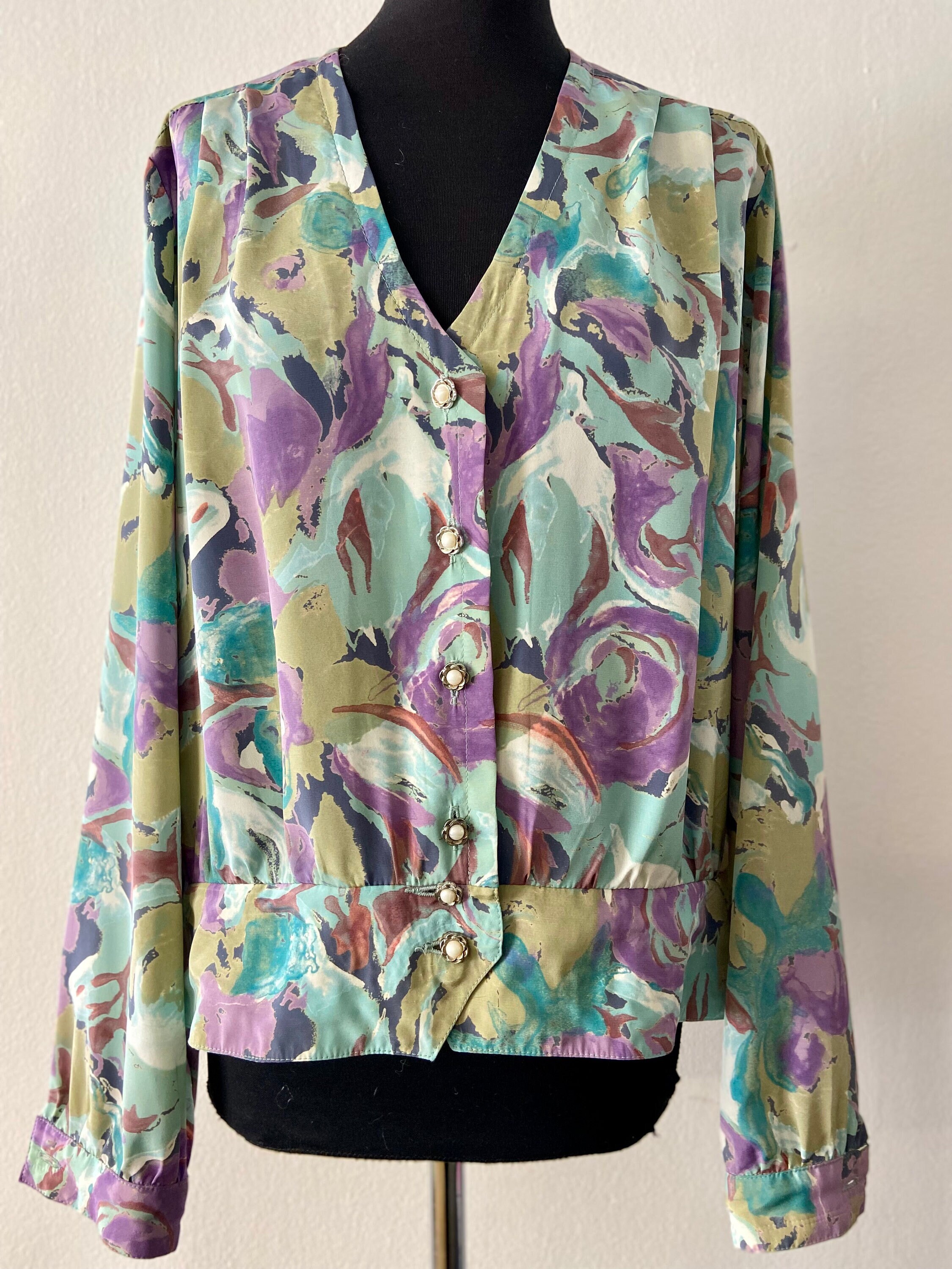 Vintage 80s Abstract Print Blouse | Pastel V-Neck Top with Waist Band | Women's Size L