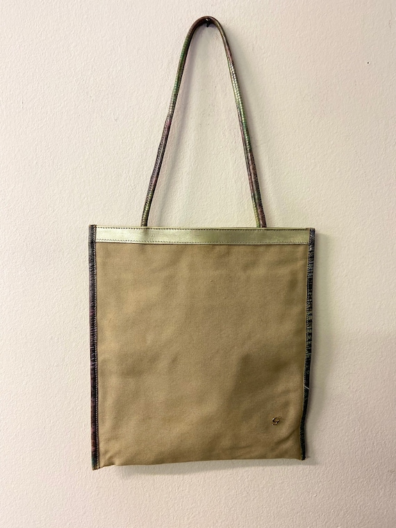 Unique 90s Vintage Tote Bag by Marjeta Grošelj | Beige Canvas with Stunning Gold and Multi-Hued Leather Detailing