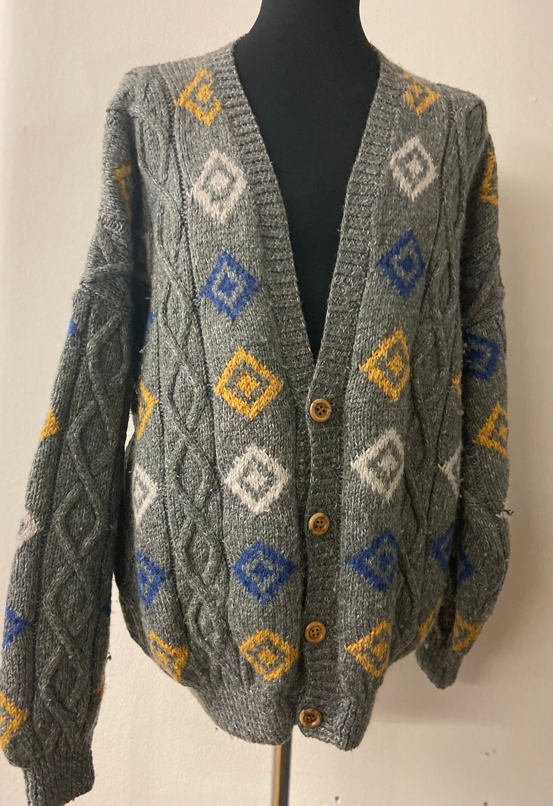Men's 80's Vintage Hand Knit Wool Cardigan Size L/XL Sweater