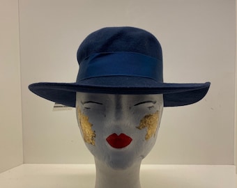 Vintage 1960s‎ Navy Wool Wide Brim Hat with Ribbon & Gold Stud Trim Elegant Vintage 1960s Navy Wool Wide Brim Hat with Ribbon & Gold  main image 4