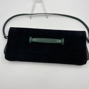 Ladies&#39; leather and suede baguette handbag | Women&#39;s Vintage 1980s bag | black suede clutch with green leather trim bag | Envelope bag