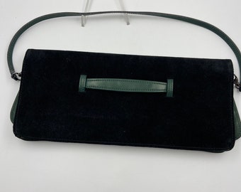 Ladies' leather and suede baguette handbag | Women's Vintage 1980s bag | black suede clutch with green leather trim bag | Envelope bag