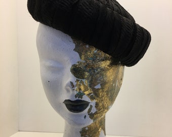 Women's 60's Vintage hat | black pillbox hat | fancy hat | black textured chiffon covered pillbox hat