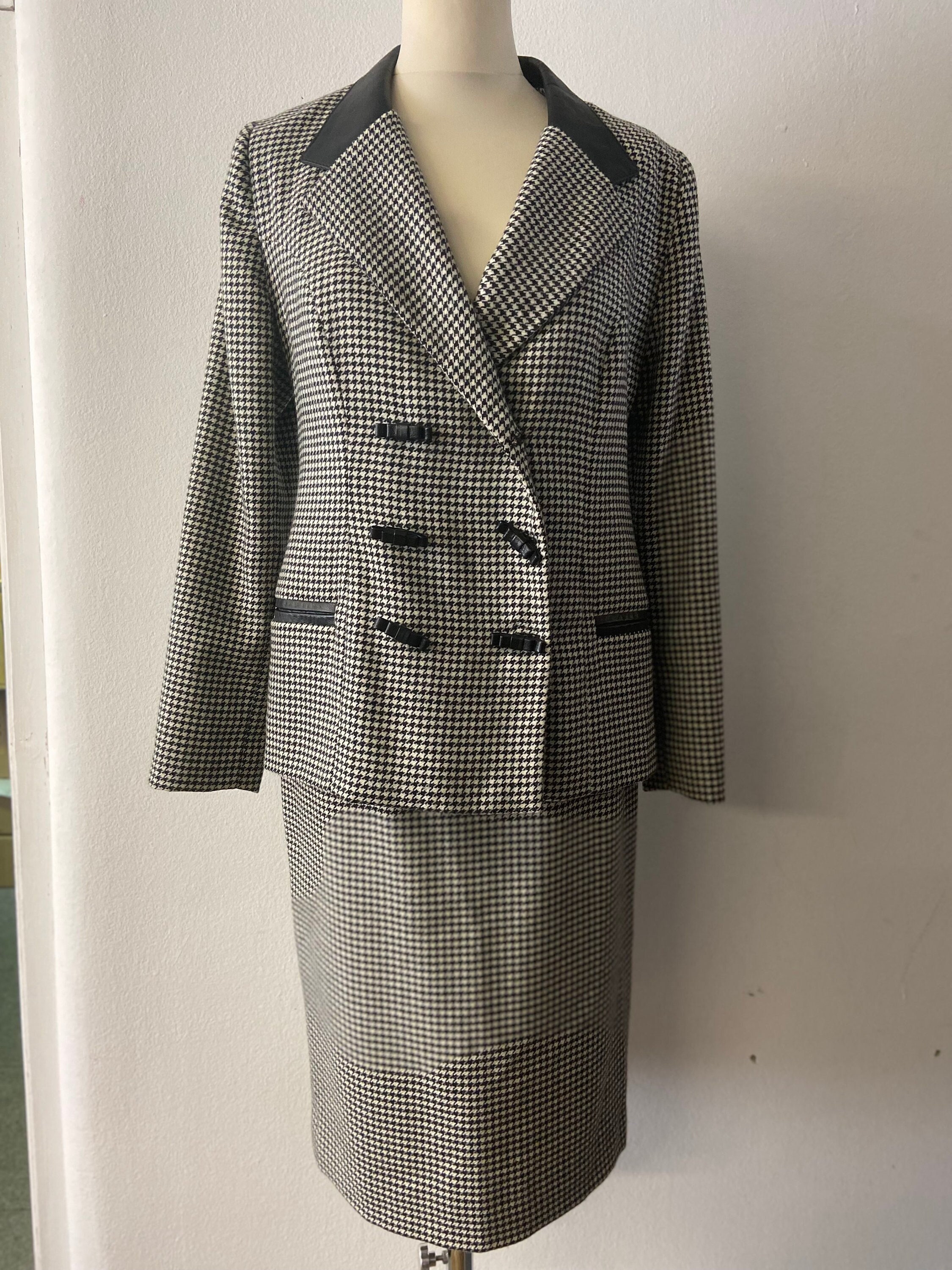 Vintage Houndstooth Skirt Set with Leather Trim Retro 80s Women's Suit Classic and Unique Size M