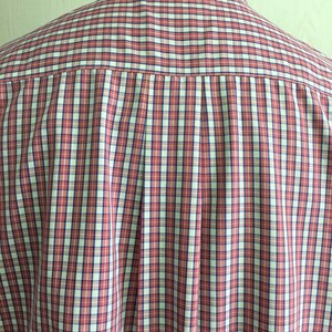 Pu&ograve; includere: Una camicia a bottoni a quadri rossi, bianchi e blu. La camicia ha un solo piega sul retro.
