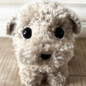 May include: A handmade, plush toy dog with a light beige, textured exterior. The dog has large, black, glossy eyes and a small, black nose. The toy is designed to resemble a poodle or similar breed, with a fluffy, curly appearance.