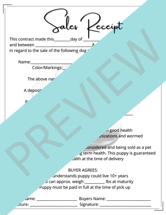 puppy purchasing sales receipt downloadable and printable etsy