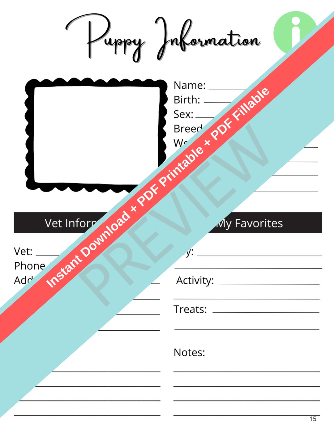 Puppy Information Form Downloadable and Printable PDF Fillable - Etsy