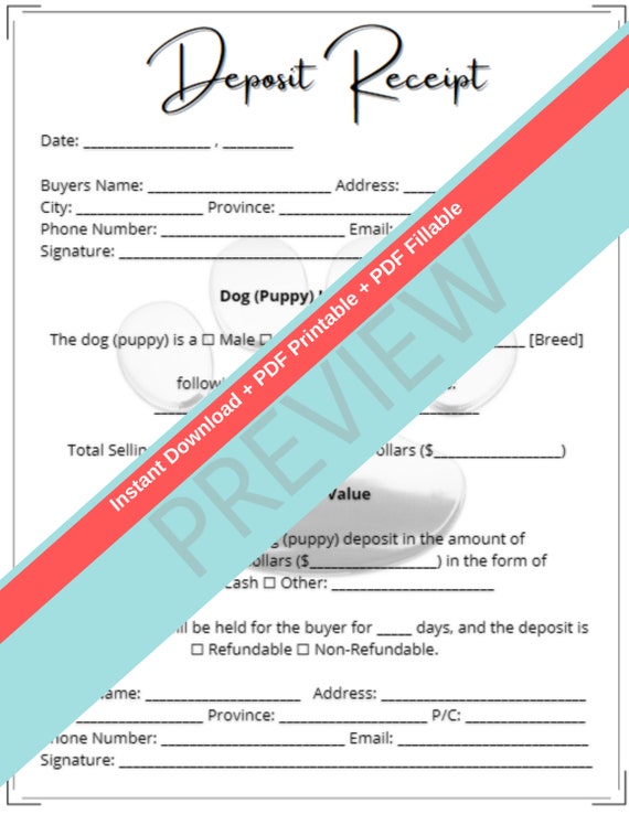 puppy purchasing deposit receipt downloadable printable and etsy ireland