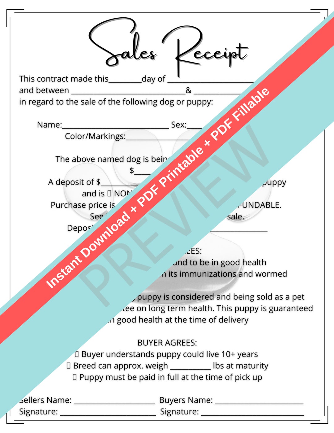 Puppy Purchasing Sales Receipt Downloadable and Printable PDF Fillable ...