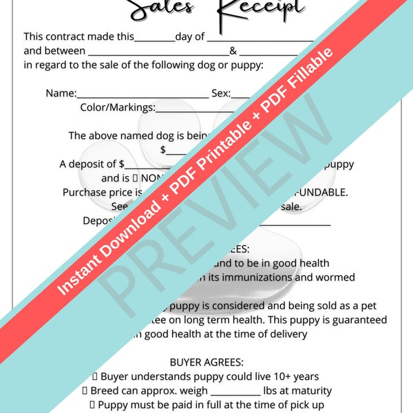 Puppy Purchasing Sales Receipt Downloadable and Printable + PDF Fillable