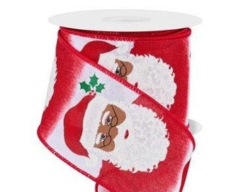 African American Santa Face Wired Ribbon • Christmas Ribbon