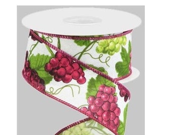 Red and Green Grapes Wired Ribbon on White Royal Burlap 1.5in X 10yds