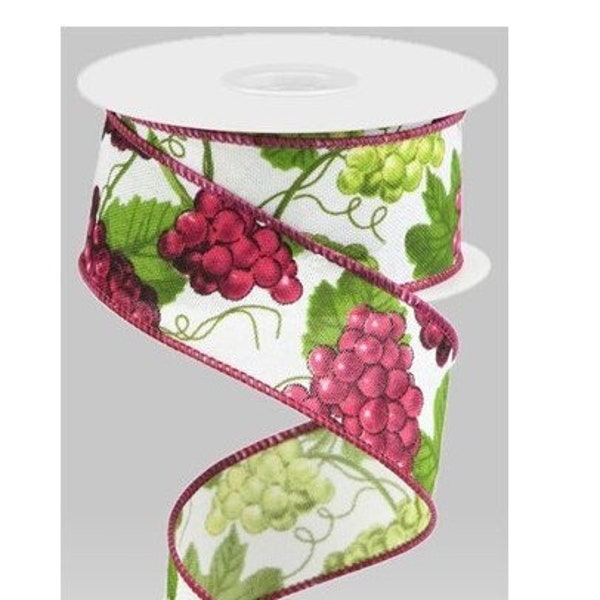 Red and Green Grapes Wired Ribbon on White Royal Burlap 1.5in X 10yds