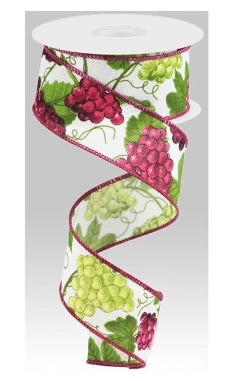 Red and Green Grapes Wired Ribbon on White Royal Burlap 1.5in X 10yds image 1