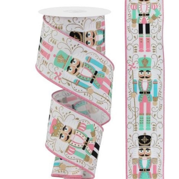 Pink and Mint Nutcracker Wired Ribbon - 2.5in X 10 Yards