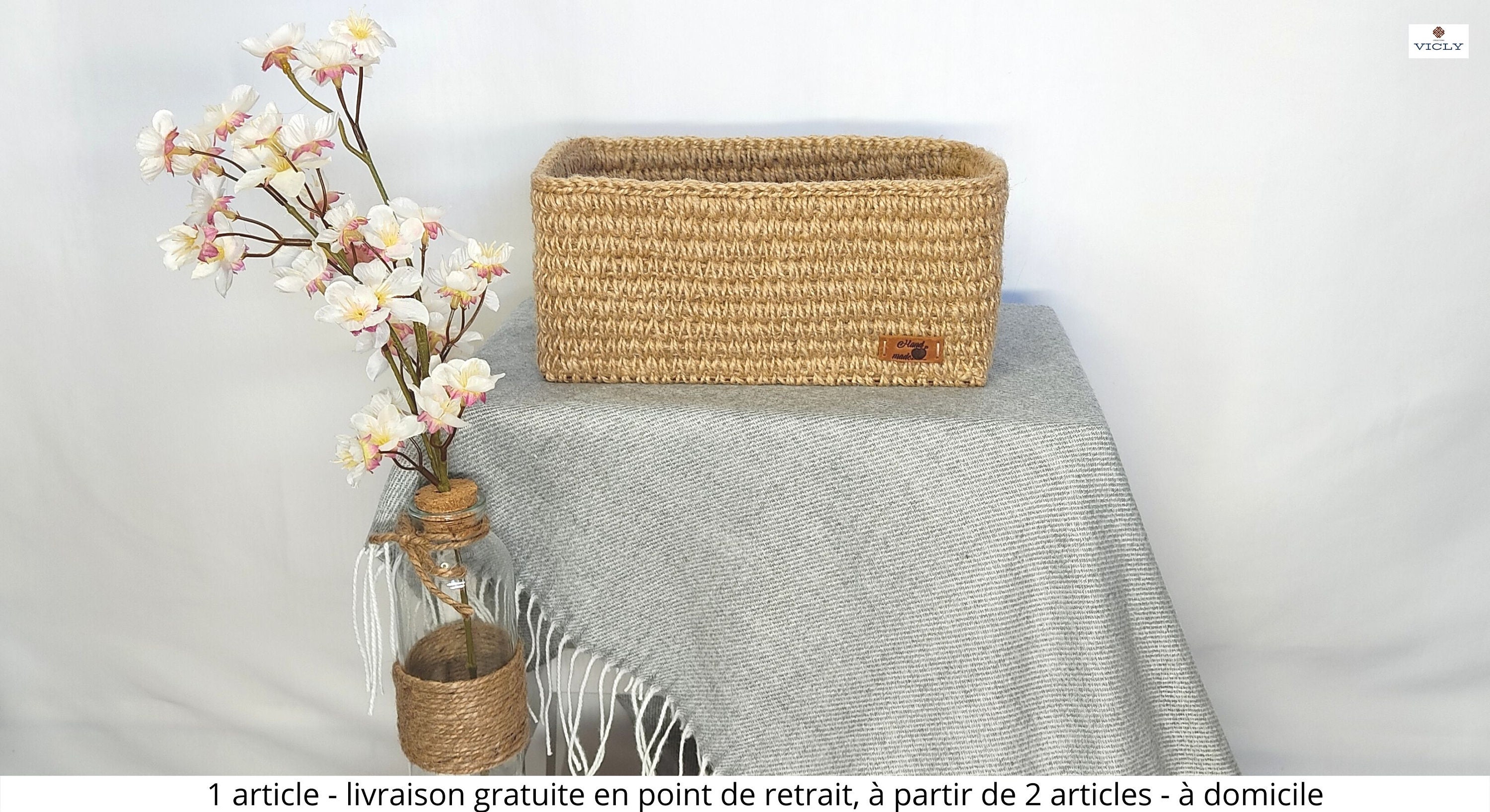 Panier de Rangement Rectangulaire Jute Fait Main/Panier Décoration Écologique Au Crochet Éco-Respons