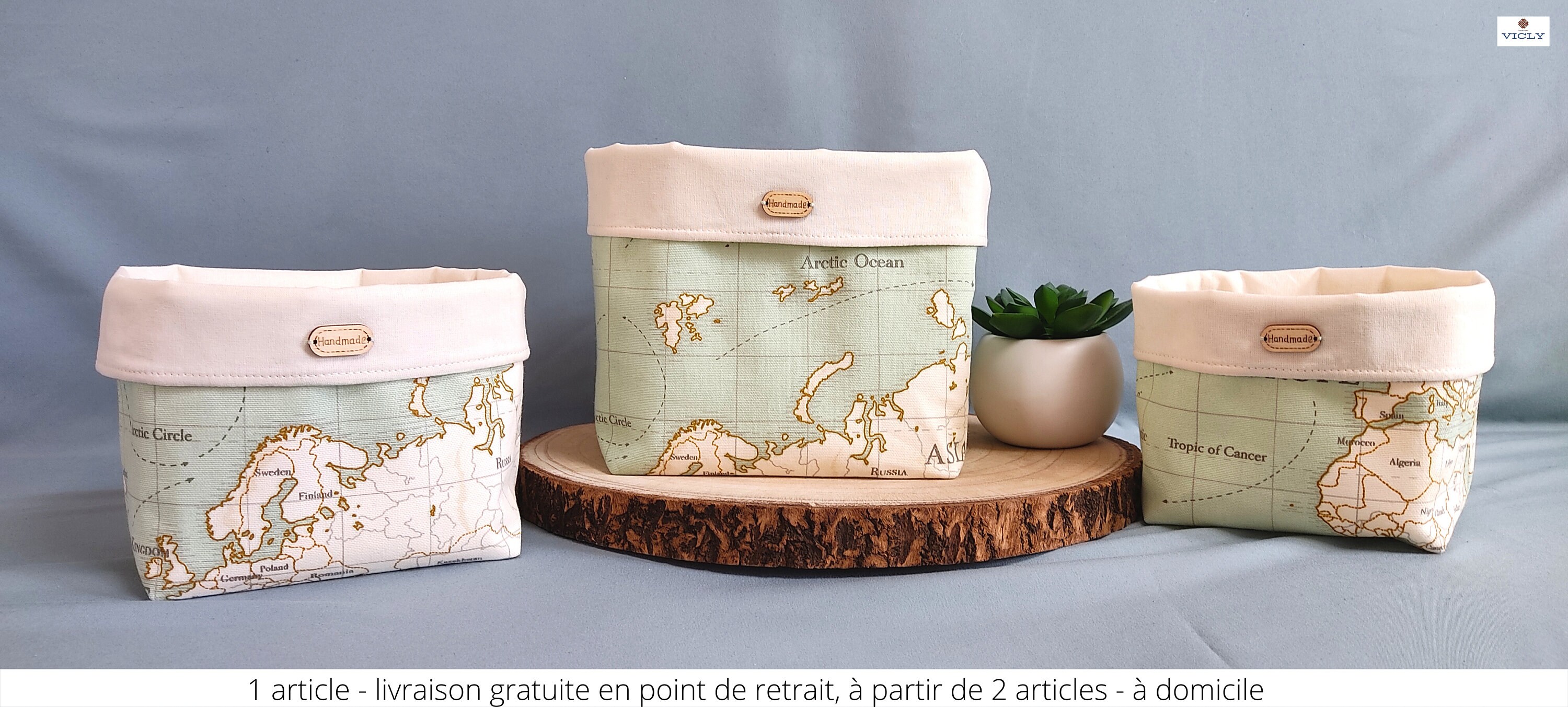 Jolis Paniers de Rangement en Tissu Au Motif Mappemonde Trois Tailles, Matières Naturelles
