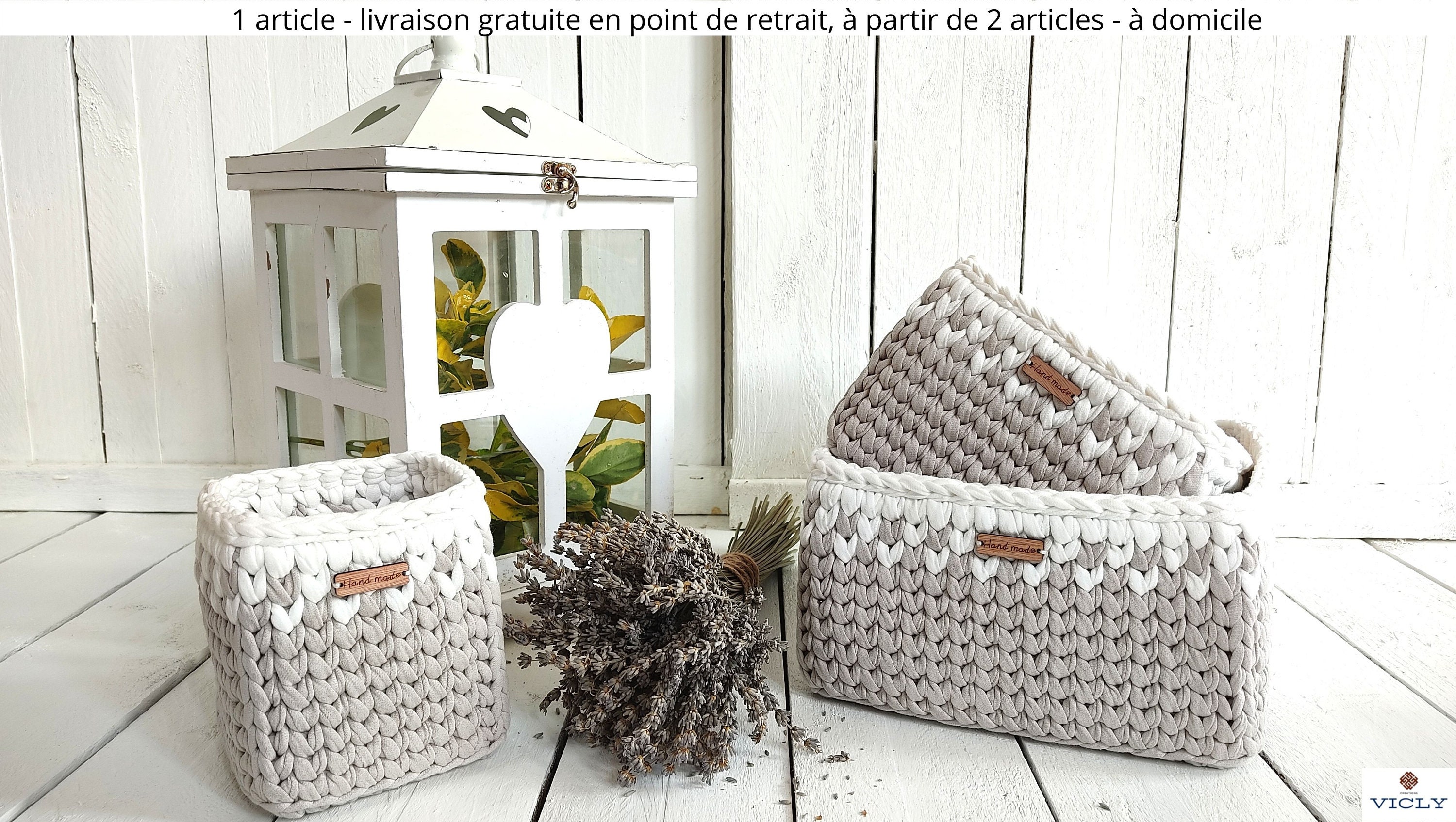 Joli Panier de Rangement Carré Matières Naturelles Fait Main , Taillle L, M, S/Décoration Au Crochet