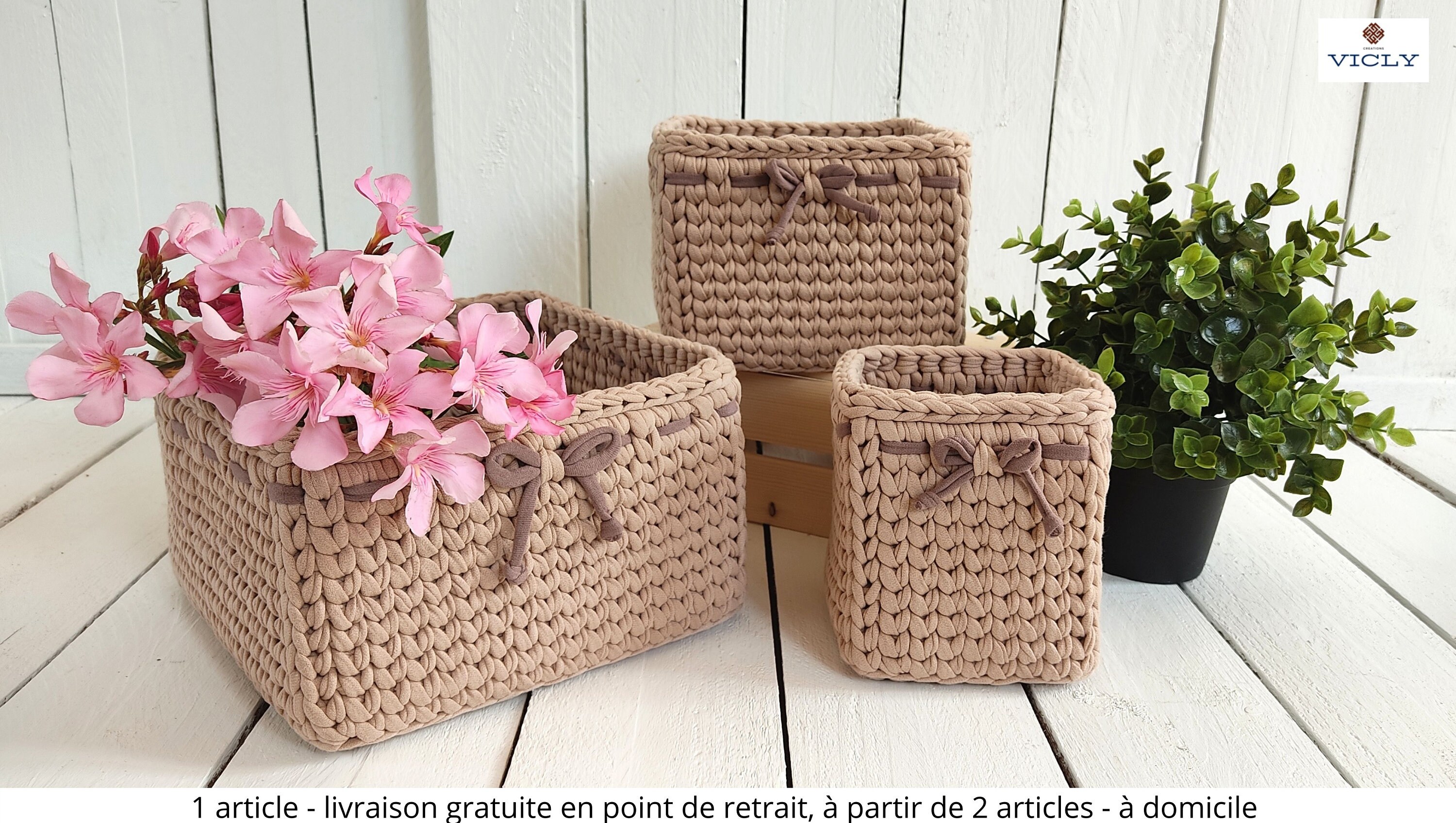 Joli Panier de Rangement Carré Matières Naturelles Fait Main , Taillle L, M, S/Décoration Au Crochet