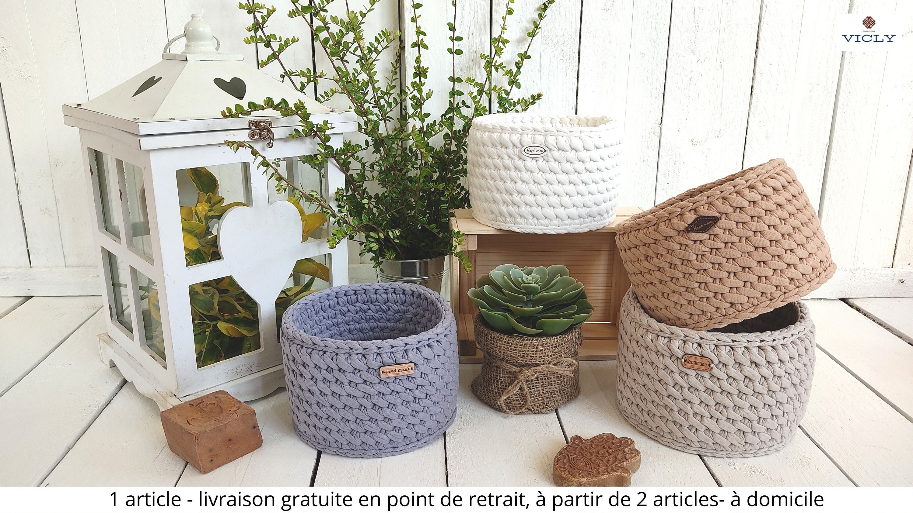 Joli Panier de Rangement Rond en Matières Naturelles Fait Main/Décoration Au Crochet Personnalisable
