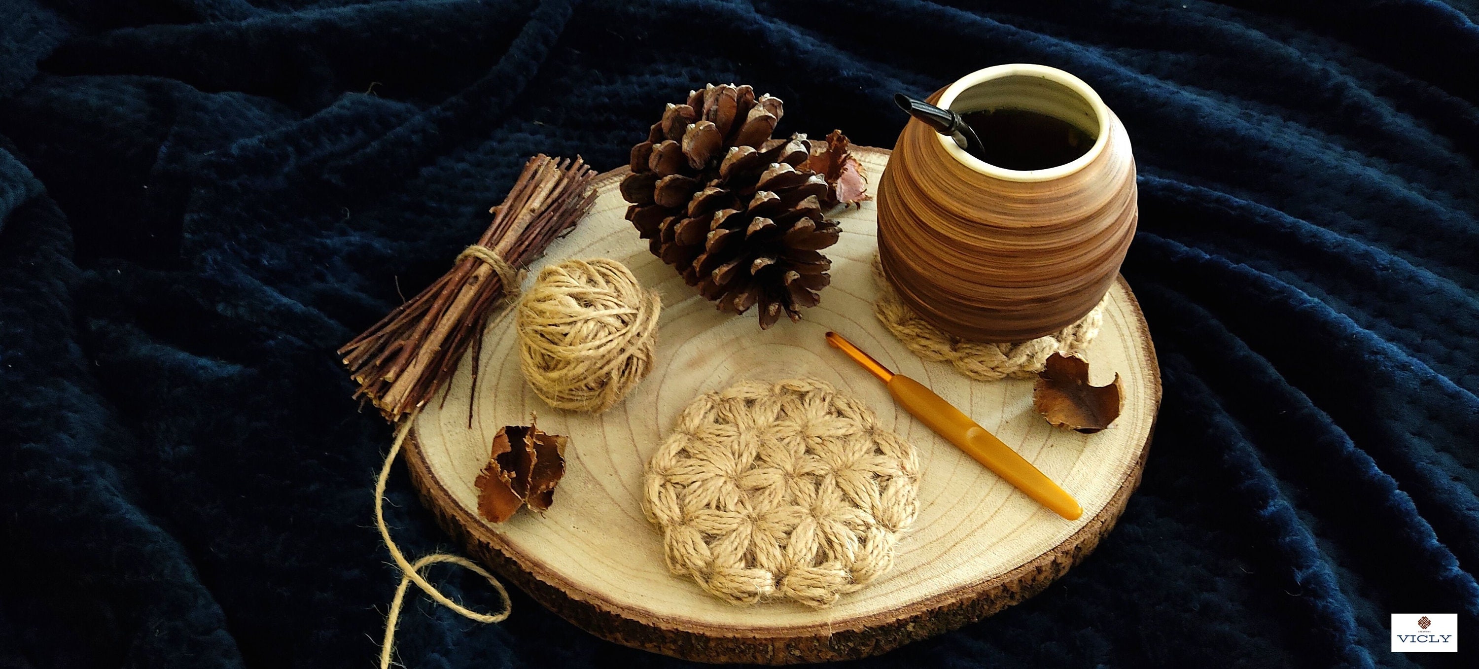 Dessous de Verre Motif Fleur en Jute/Sous-Verre Fait Mait Fibre Naturelle Recyclée