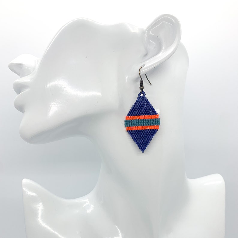 Miyuki Delica Glass Seed Bead Leaf Shaped Dangle Earring Blue Grey and Orange Luster Gift Matte Royal Blue