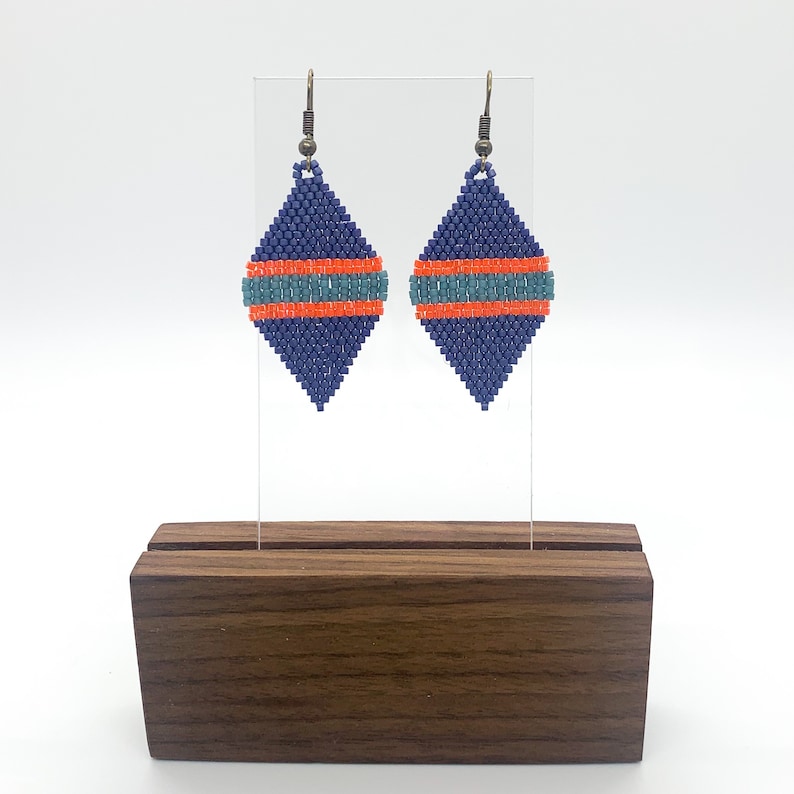 Miyuki Delica Glass Seed Bead Leaf Shaped Dangle Earring Blue Grey and Orange Luster Gift Matte Royal Blue