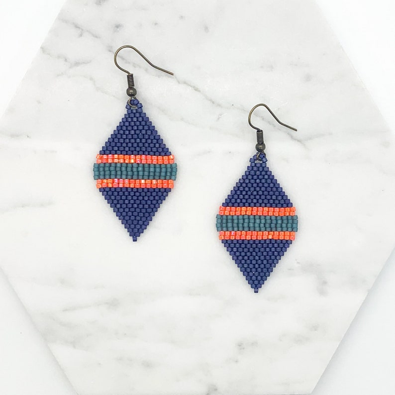 Miyuki Delica Glass Seed Bead Leaf Shaped Dangle Earring Blue Grey and Orange Luster Gift Matte Royal Blue