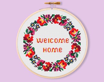 Welcome Home Floral Wreath Cross Stitch Pattern (PDF Download)