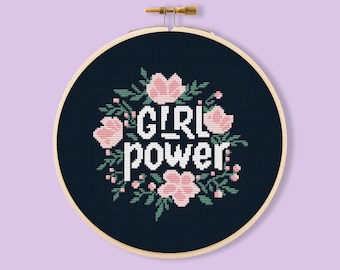 Girl power flowers quote cross-stitch pattern design embroidery needlepoint Instant pdf download