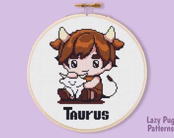 Stier Sternzeichen Chibi Kreuzstichmuster PDF, Stier Stickvorlage, Astrologie Handarbeitsdesign