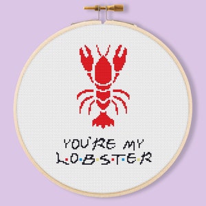 Pode incluir: Um aro de bordado branco com um desenho de lagosta vermelha e o texto "YOU'RE MY LOBSTER" em preto com pontos coloridos.
