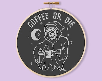 Korsstygnsmönster med "Coffee or Die", roligt goth-broderi (PDF-nedladdning)