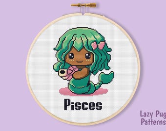 Pisces Sternzeichen Chibi Kreuzstich Muster PDF, Meerjungfrau Stickdatei, Astrologie Stickmuster