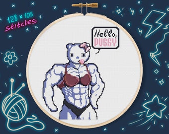 Hello Pussy Meme fun cross-stitch pattern. Design for hand made gift. Cute Kitty Embroidery | Instant pdf download
