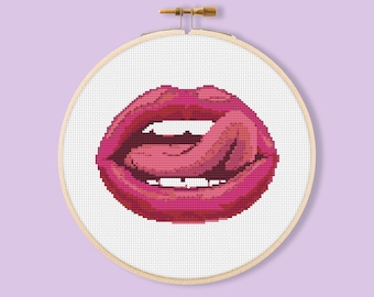 Pink Naughty Lips with tongue cross-stitch pattern Design handmade gift Sexy Lust Erotic needlepoint Embroidery fancywork pdf download