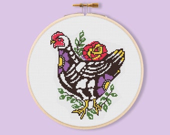 A Hen Chicken cross-stitch pattern. Needlepoint Halloween Pattern for hand made gift Day of the Dead. Geek Embroidery Instant pdf download