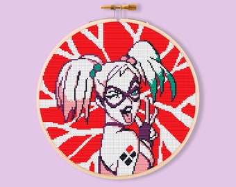 Harley Quinn Cross Stitch Pattern, Superhero Girl Embroidery (Instant PDF)