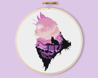 Cat Silhouette Cross Stitch Pattern, Pet Embroidery (PDF Download)