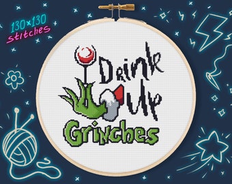 Drink Up Grinches Kreuzstichmuster | Weihnachten Neujahr Dekor (PDF)
