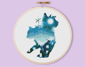 Katze Silhouette Kreuzstich Muster, Moderne Stickerei Stickmuster (PDF Download)