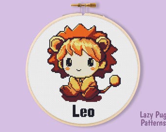 Leo Sternzeichen Chibi Kreuzstich Muster PDF, Horoskop Zeichen Löwe Stickvorlage, Astrologie Handarbeitsdesign