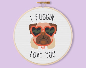 Funny Pug Cross Stitch Pattern, Valentine's Gift (PDF Download)
