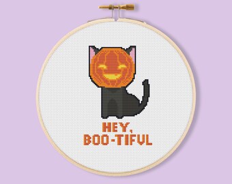 Halloween Kitty Cross Stitch Pattern, Jack O' Lantern, Gothic (PDF Pattern)