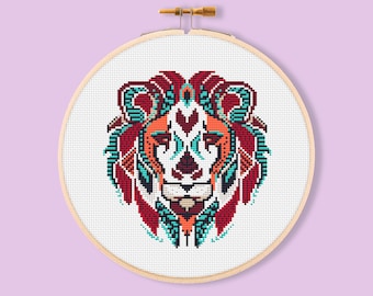 Lion Mandala Cross Stitch Pattern, Geometric Embroidery (Instant PDF Download)